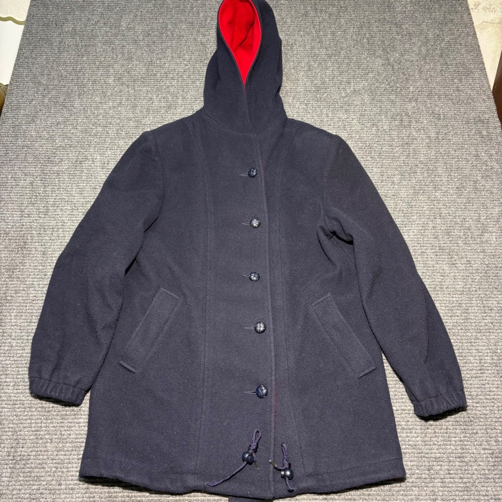 Herman Kay Womens Navy Blue Wool Blend Hooded Coat Red Lining Size 8 56012J